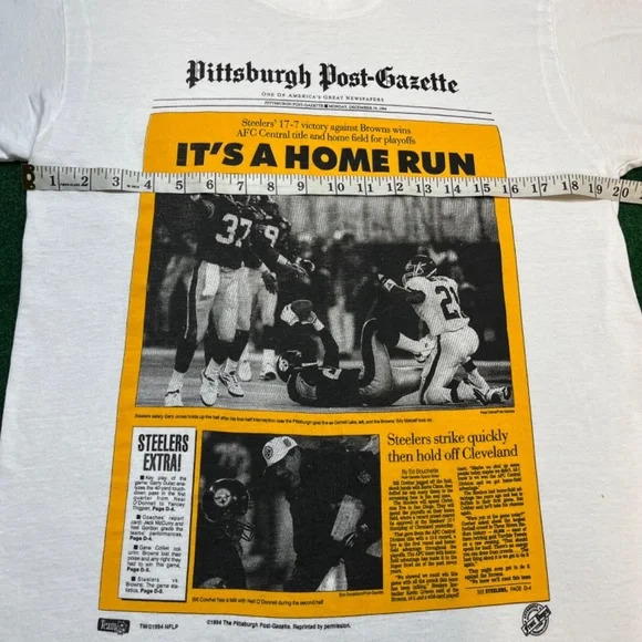Vintage 90s RARE Pittsburgh Steelers Home Run Newspaper Article 1994 T Shirt Tees - Short Sleeve